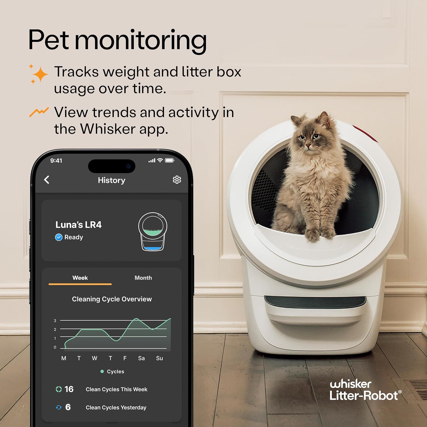 Whisker app showing a cat's weight and Litter-Robot 4 cleaning cycles