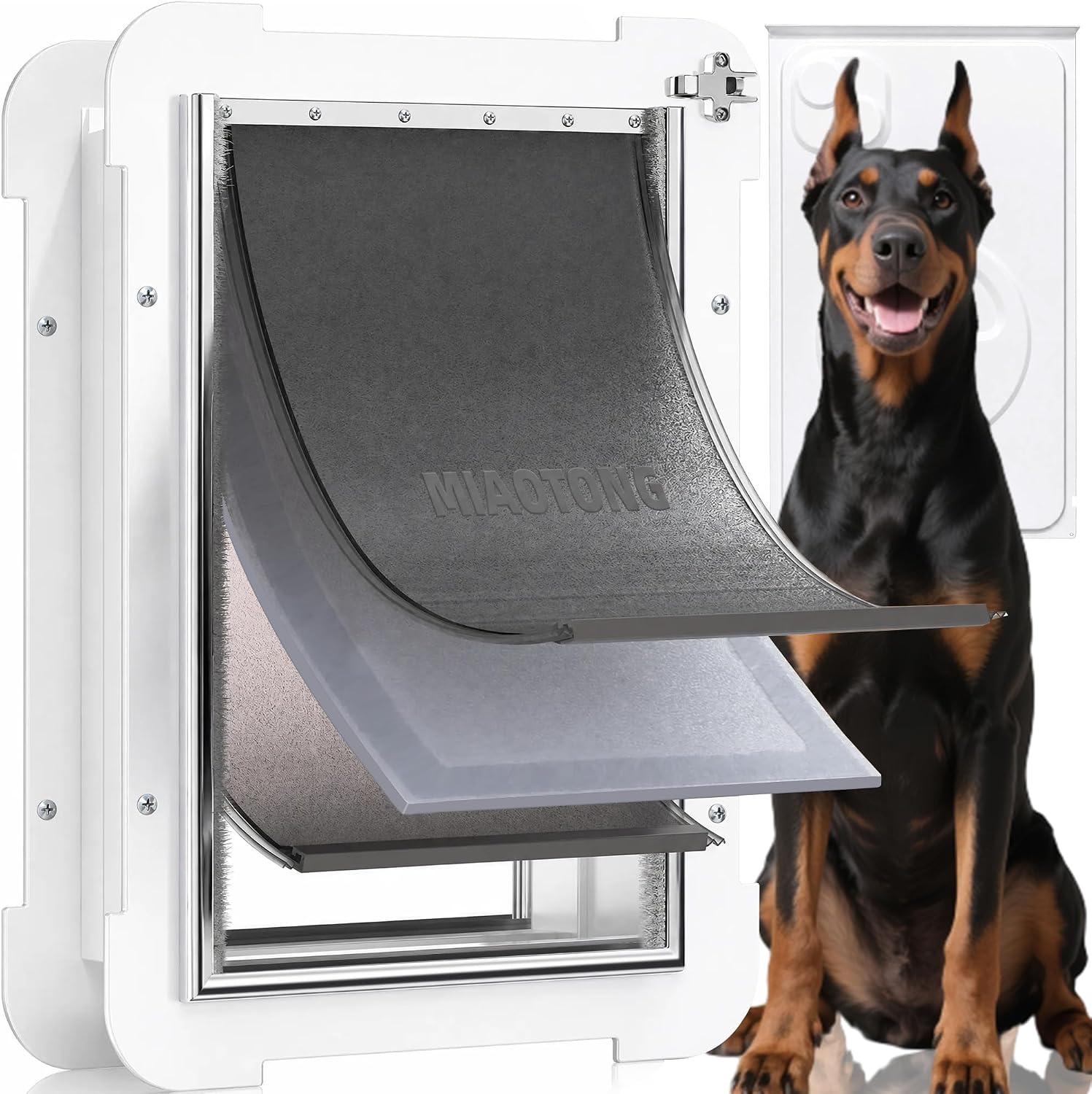 MIAOTONG 3-Flap X-Large dog door with its three insulated flaps and wall tunnel kit