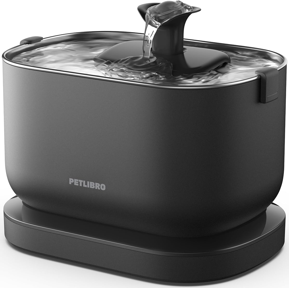 PETLIBRO Dockstream cordless cat water fountain in black with stainless steel tray and flowing water