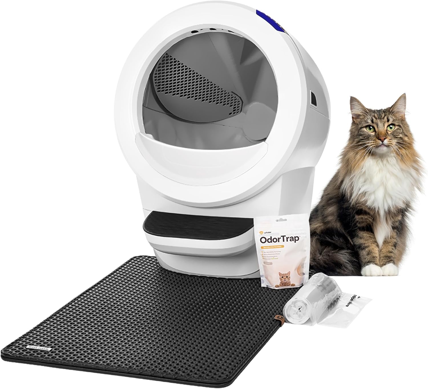 Litter-Robot 4 bundle with litter mat, OdorTrap packs and waste drawer liners, next to a long-haired cat
