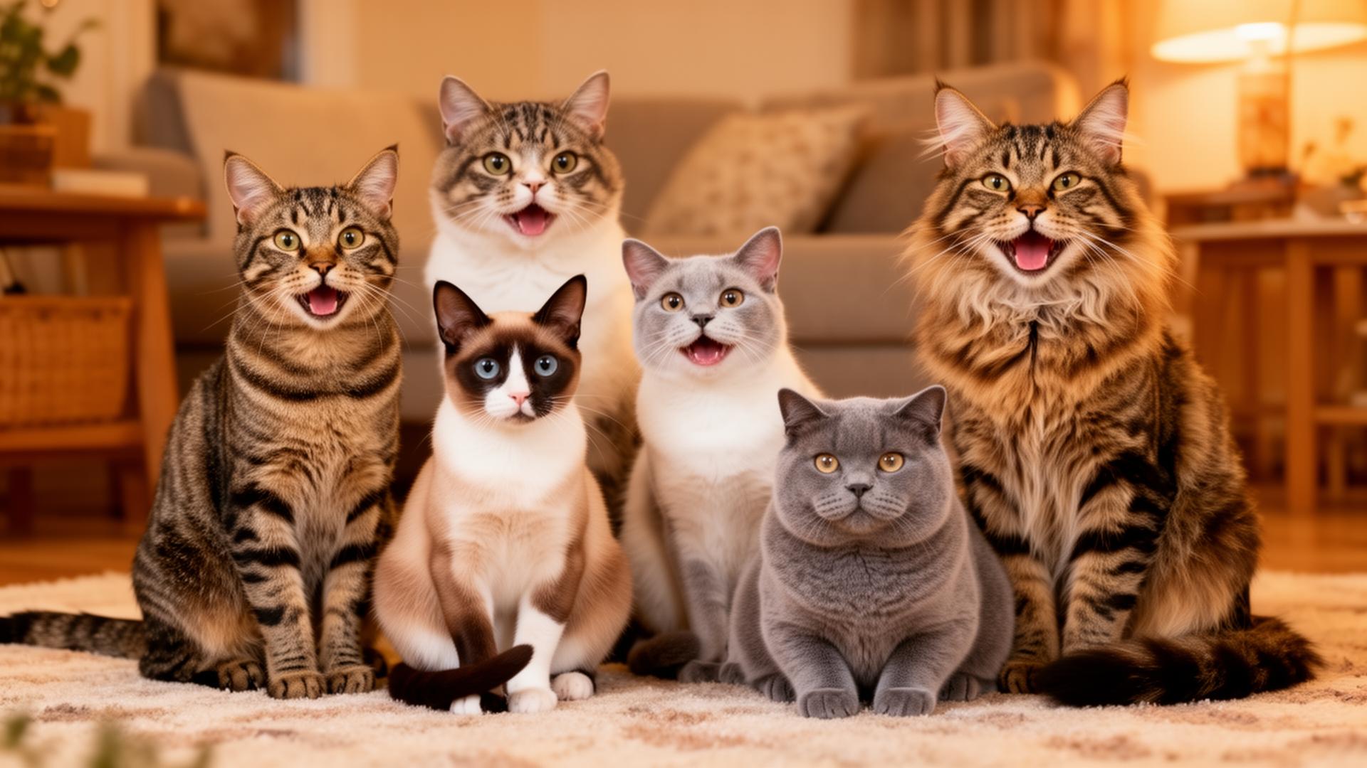 Various cat breeds sitting together in a cozy home