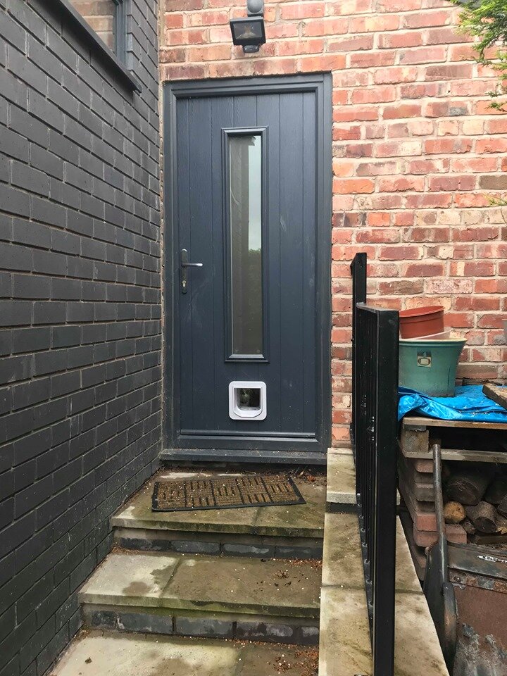 Microchip cat flap fitted in a composite front door using specialist multi-layer cutting