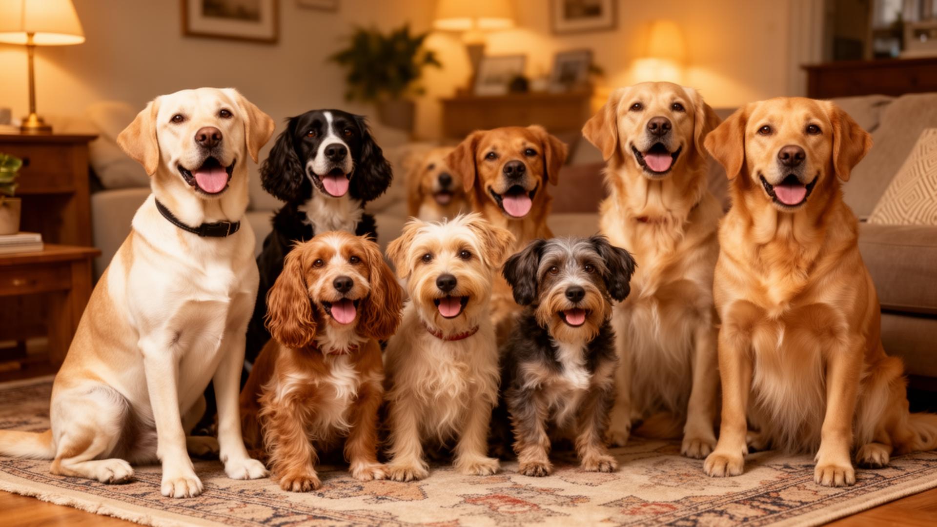 Various dog breeds sitting together in a cozy home