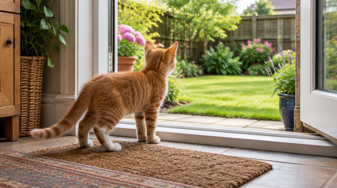 Illustration of a kitten looking out into an enclosed garden