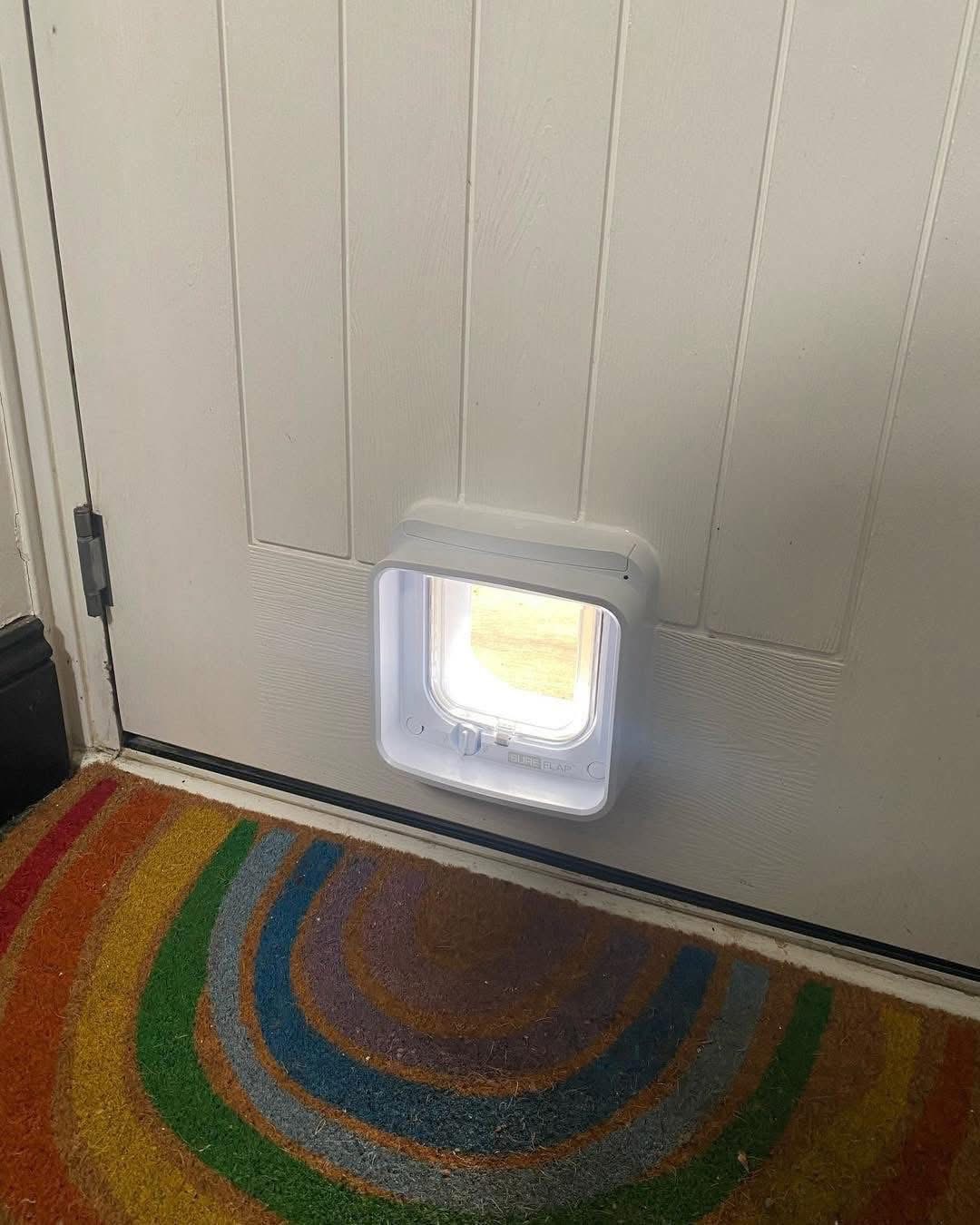 SureFlap cat flap in a white composite door above a colourful rainbow doormat
