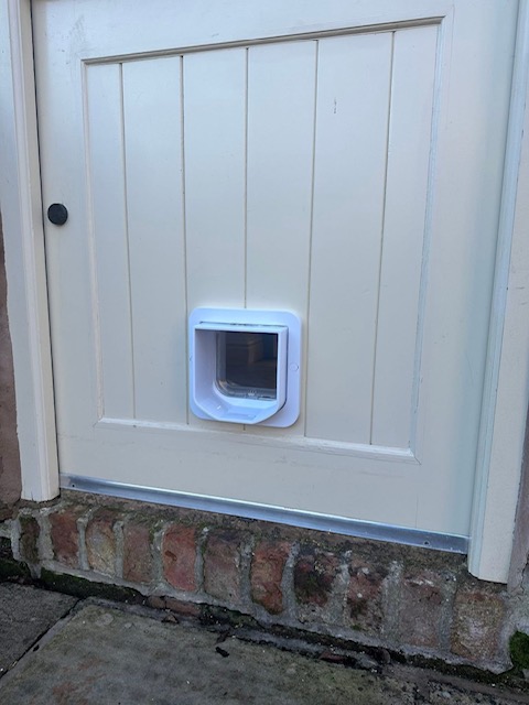 Professional cat flap installation in a traditional white wooden door by That Cat Flap Company